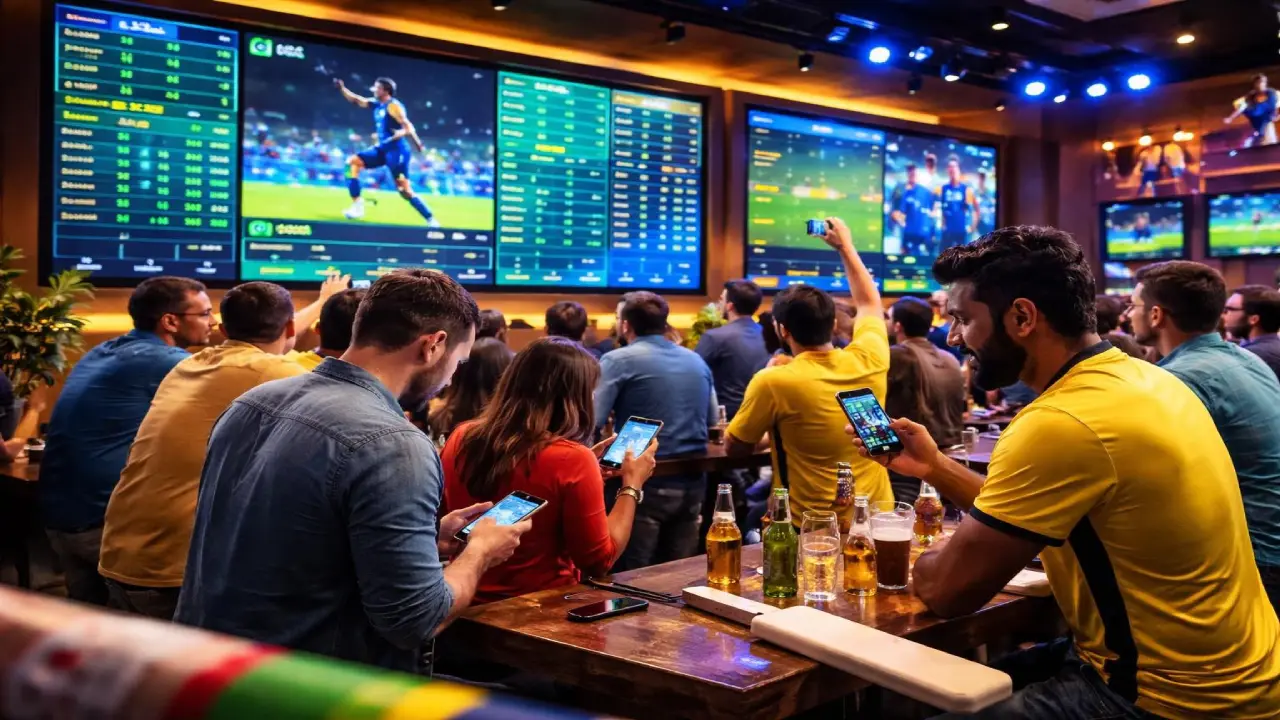 A group of people in a sports bar watch a live match on large screens while using their smartphones, with betting odds and game statistics displayed, and drinks on the tables.
