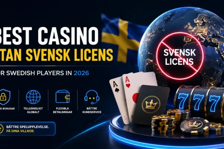 Modern illustration of the best casino utan svensk licens for Swedish players in 2026, featuring casino chips, playing cards, a slot machine, and a globe with a crossed-out Swedish license symbol.