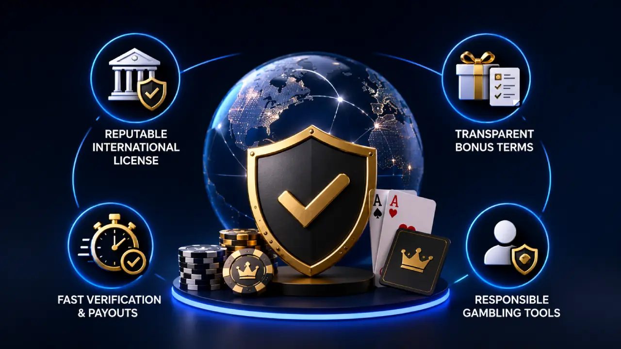 Illustration showing the key features of a trustworthy casino utan svensk licens, including international licensing, transparent bonus terms, fast payouts, and responsible gambling tools.