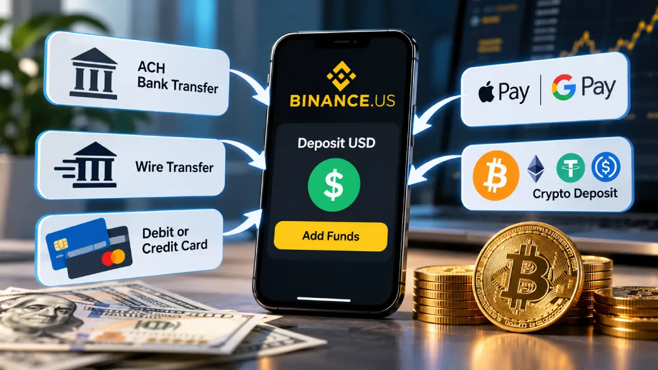 Binance.US funding options showing ACH bank transfer, wire transfer, debit or credit card, Apple Pay, Google Pay, and crypto deposits.