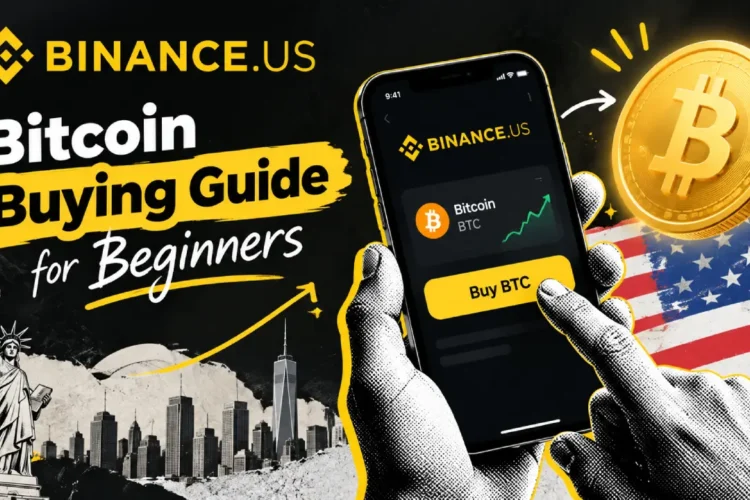 Modern Binance.US Bitcoin buying guide for beginners featuring a smartphone, Bitcoin coin, and U.S. themed design.