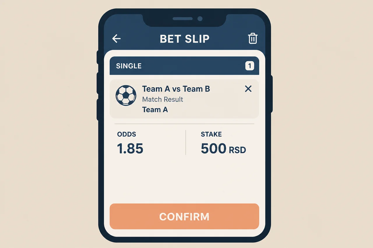 First sports betting ticket slip with a single-leg bet and confirm button